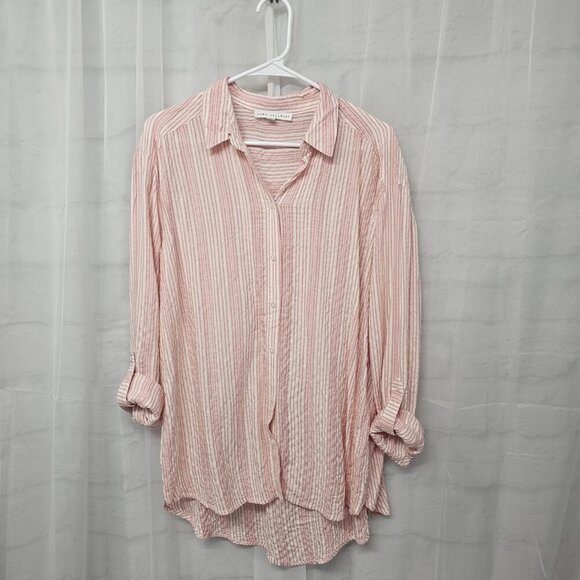 Jane + Delancey Pink White Striped Roll Tab Hi-low Blouse Beach Summer M - Picture 9 of 13